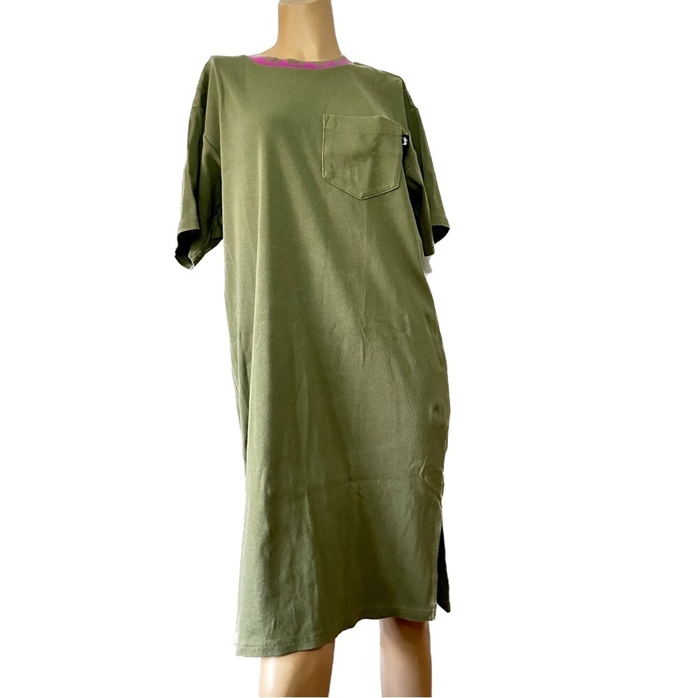 Y2K Stussy Green Crewneck Ringer T-Shirt Dress Side Slit Streetwear Grunge Small